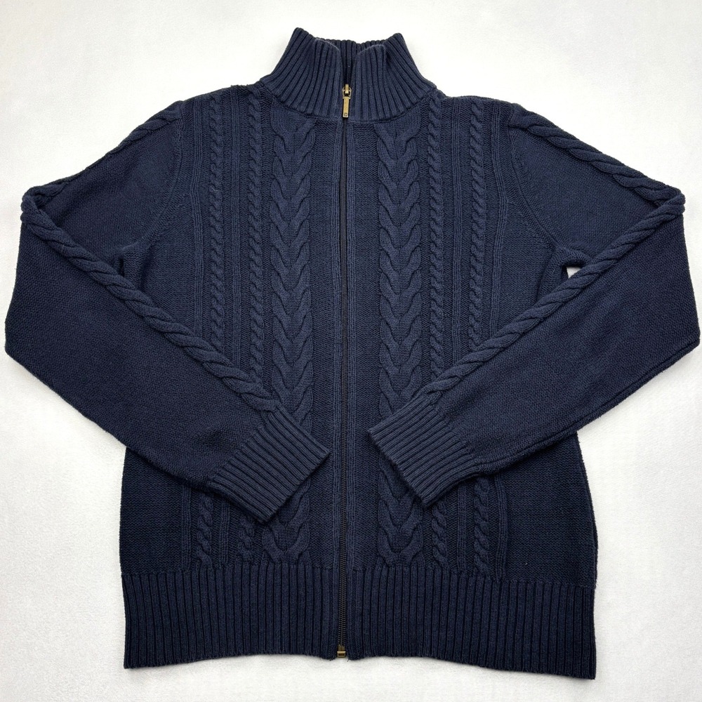 Chaps Denim Cable Knit Cardigan Sweater Womens Medium Navy Full Zip Mock Neck